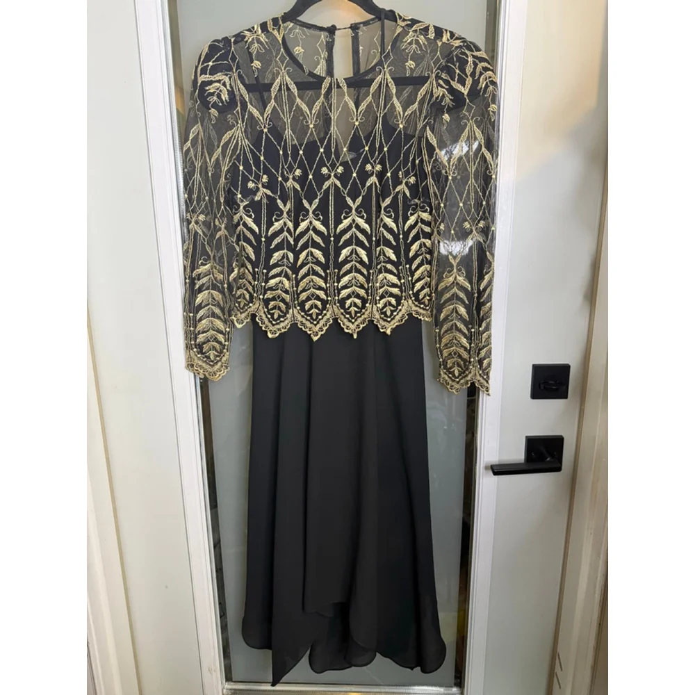 Vintage Cachet Petite by Bari Protas Black Gold Long Sleeve Dress 4P - Picture 2 of 9